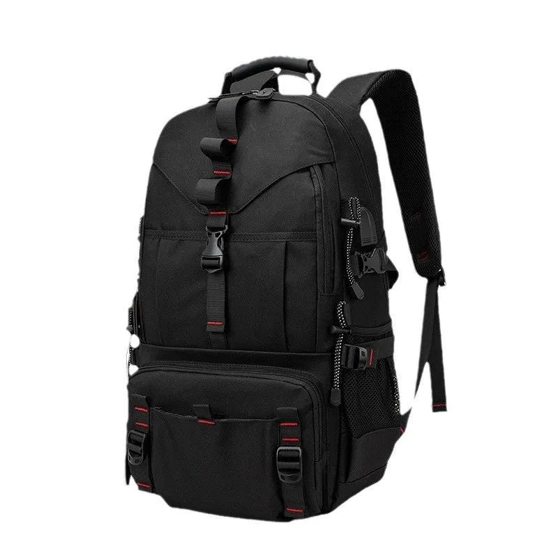 Men's waterproof Oxford cloth hiking backpack showing 56-75L capacity and air pillow belt system in black colour option