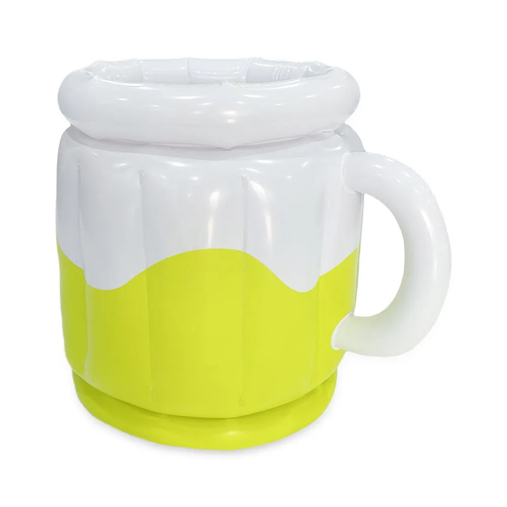 Yellow inflatable PVC ice bucket designed for beer steins, shown deflated and inflated