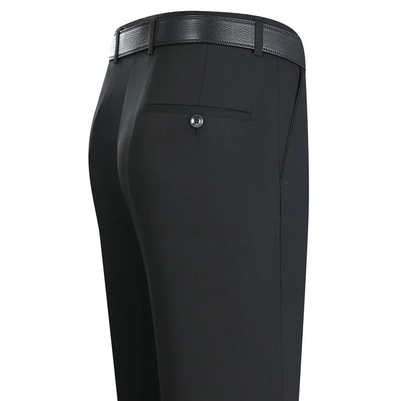 Men's straight-leg mulberry silk blend business trousers in dark blue on a hanger.