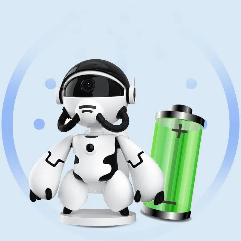 White or black Space Robot home monitoring camera with a wide-angle lens on a detachable base.