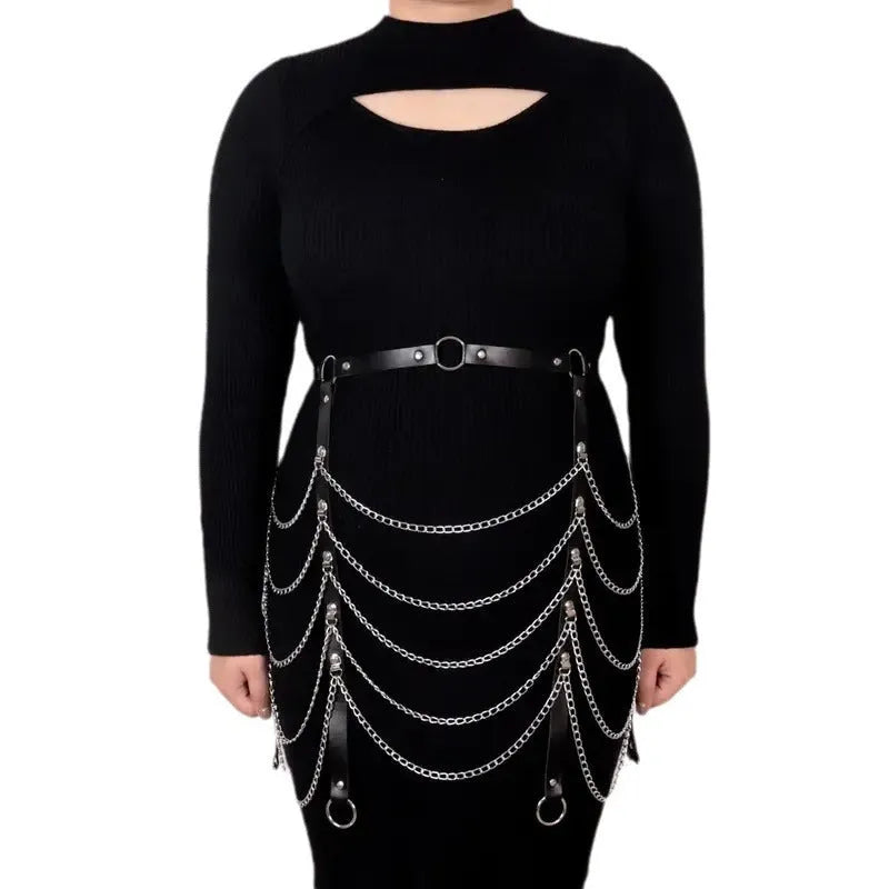 Black PU leather waist chain ornament with bandage detail and chain binding decoration