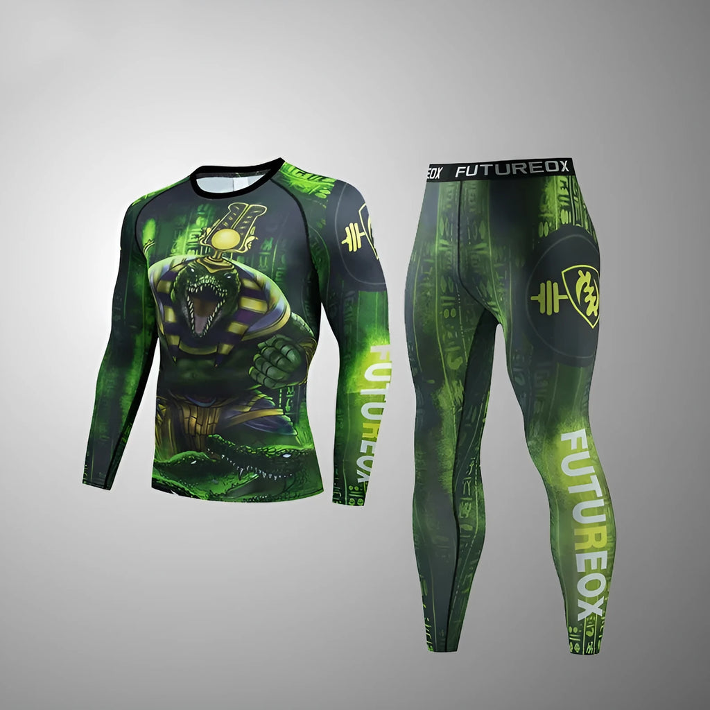 Man wearing a slim fit, long sleeve ZF016 printing style sports suit for running and fitness activities.