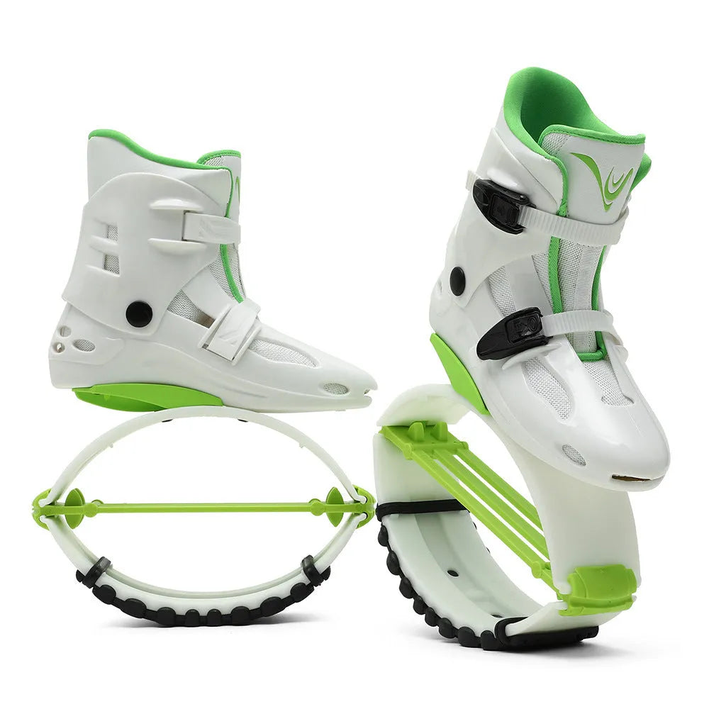 TPU bouncing shoes for sports in colours like black silver, green black, and rose pink.