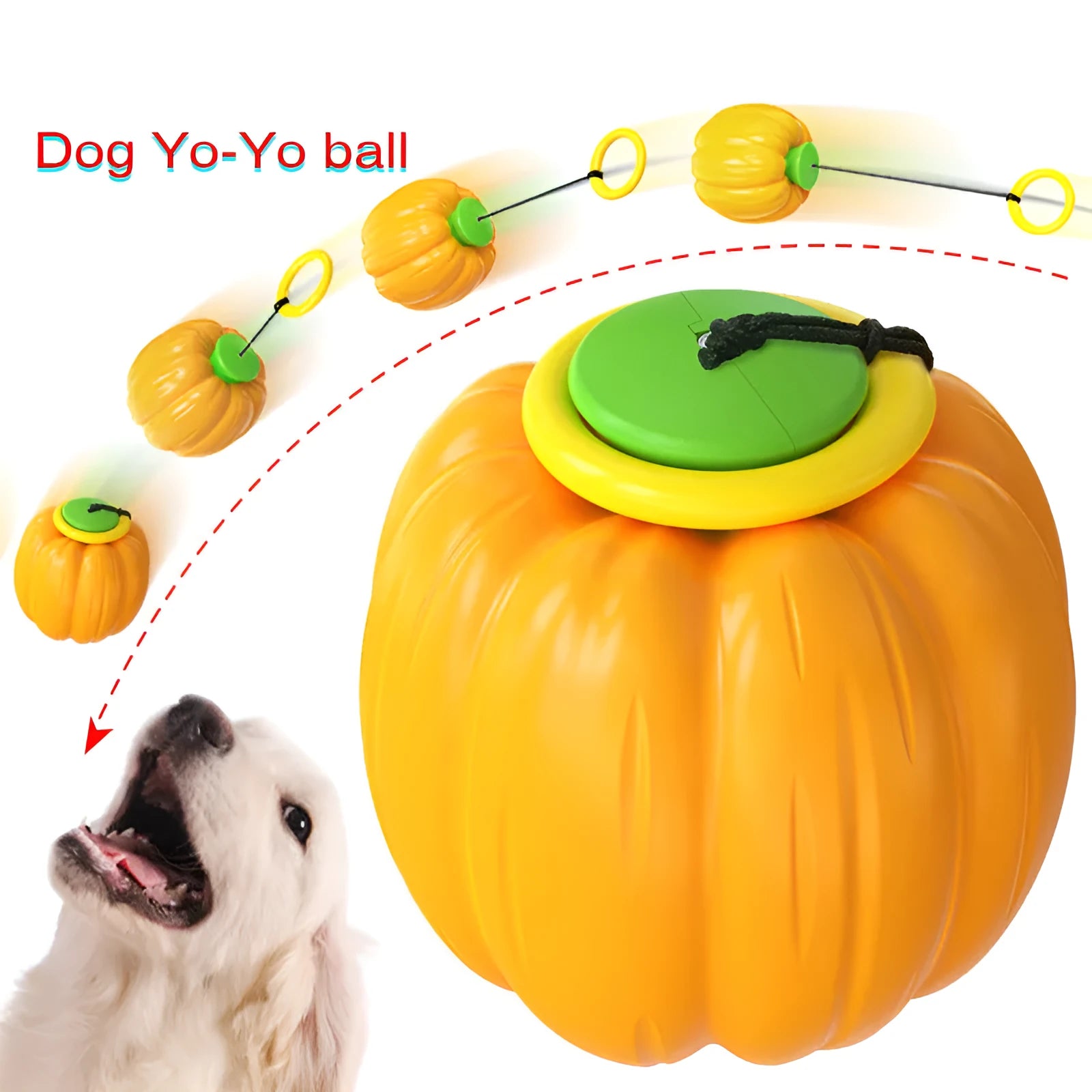Green, orange, and yellow plastic pumpkin-shaped dog chew toy with squeaker.