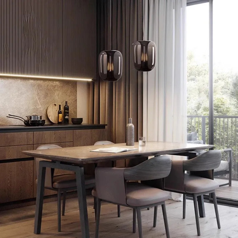 Minimalist Nordic chandelier with geometric metal frame in smoked grey, cognac, or clear colour options