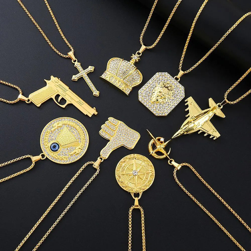 Gold tone geometric alloy necklace with inlaid zircon stone pendant