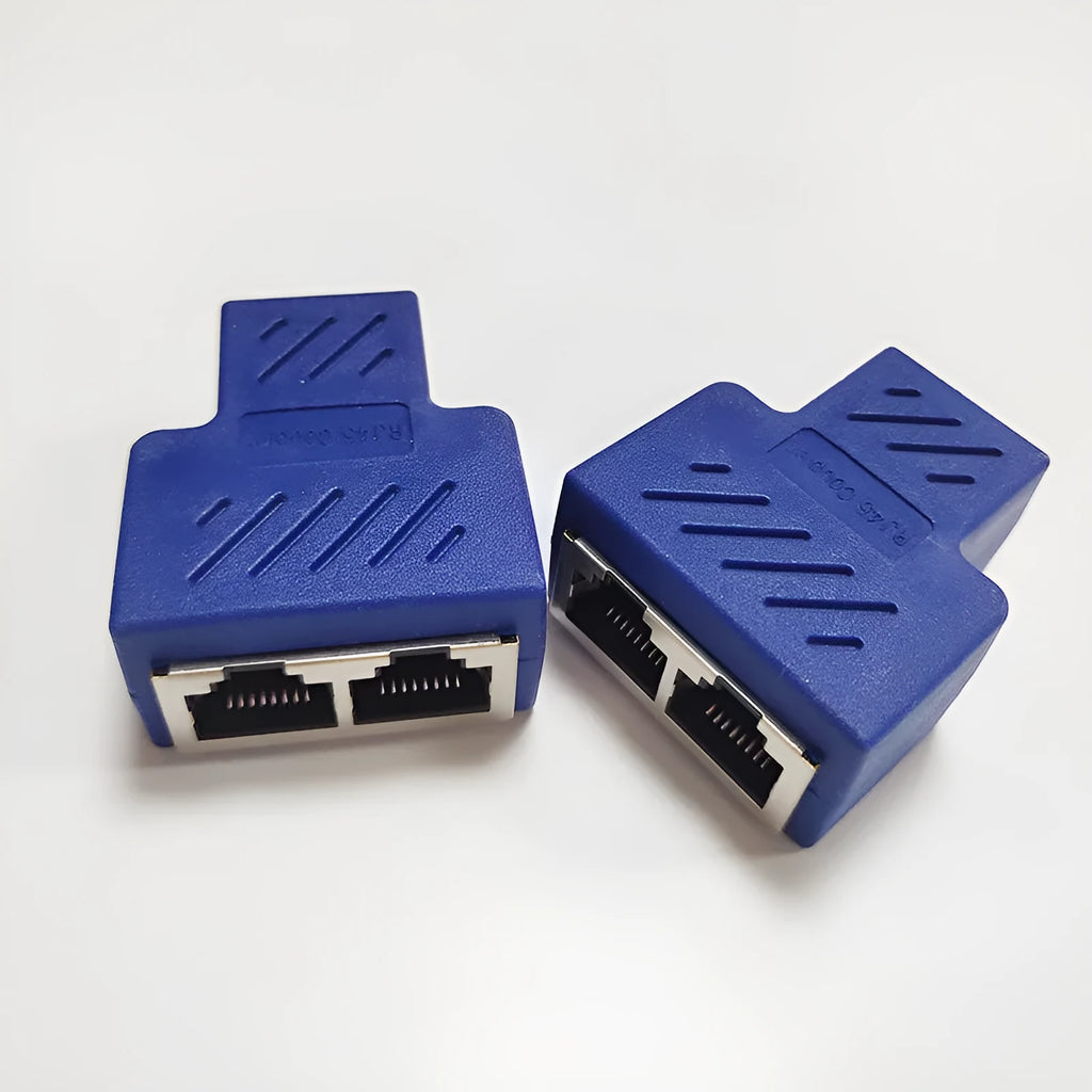 RJ45 network cable splitter adapter in multiple colours dividing one Ethernet connection into two outputs