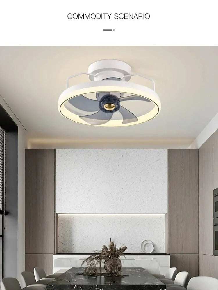 Modern simple style ceiling fan lamp with integrated light and five blades.