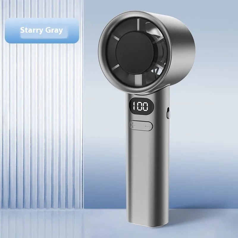 Handheld USB fan showing 120-speed control, brushless motor, and available in green, khaki, silver, or white colours