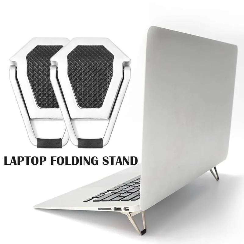 Small silver aluminium foldable computer bracket with 3M adhesive strips for laptop mounting