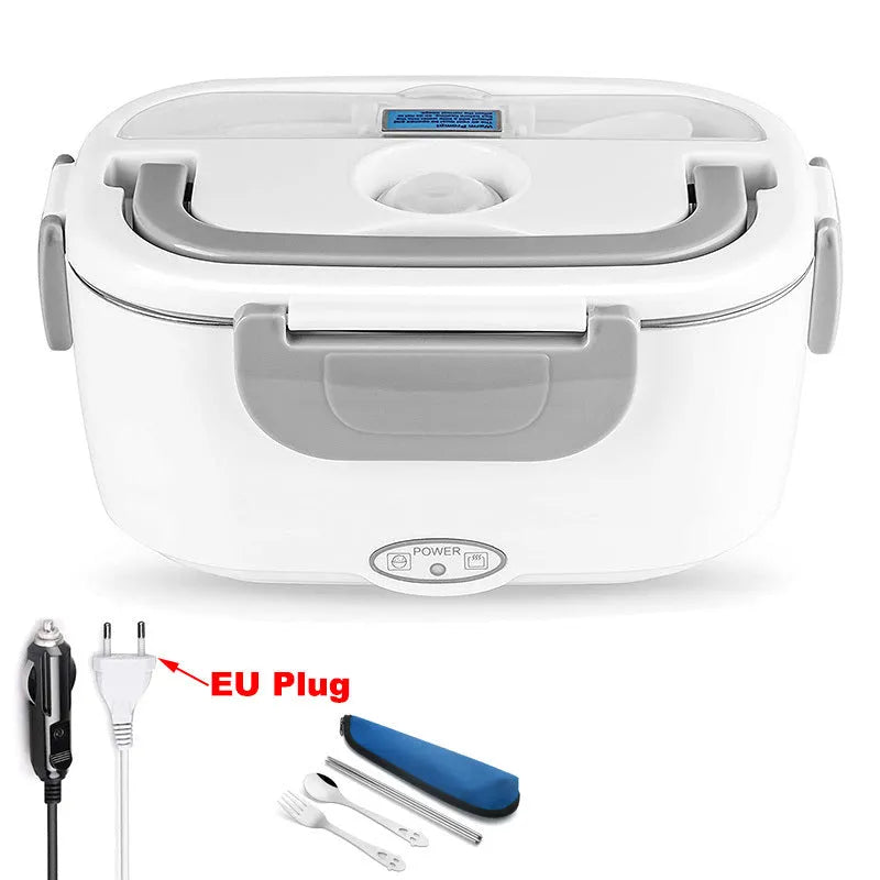 Grey plastic dual-power electric lunch box with stainless steel inner liner for car and home use.