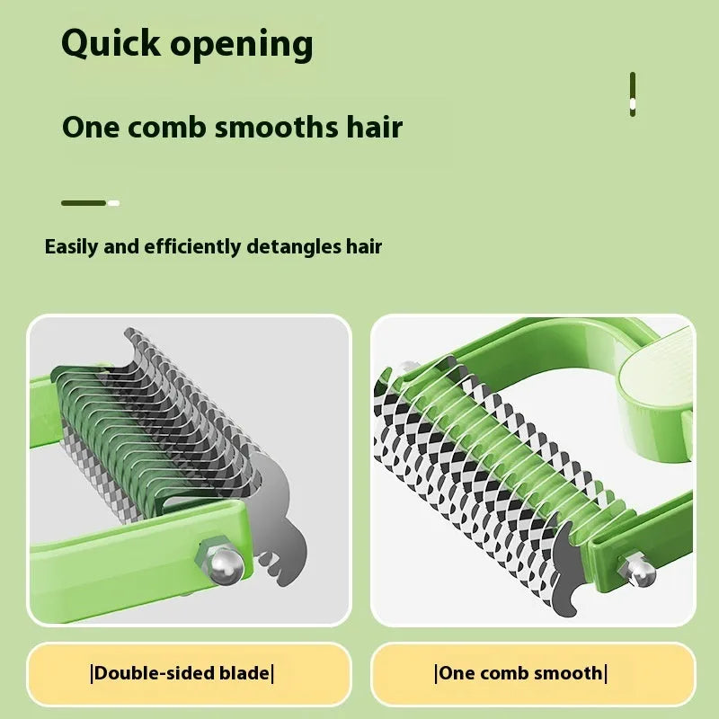 Dog grooming unknotting comb with green PP handle and stainless steel teeth