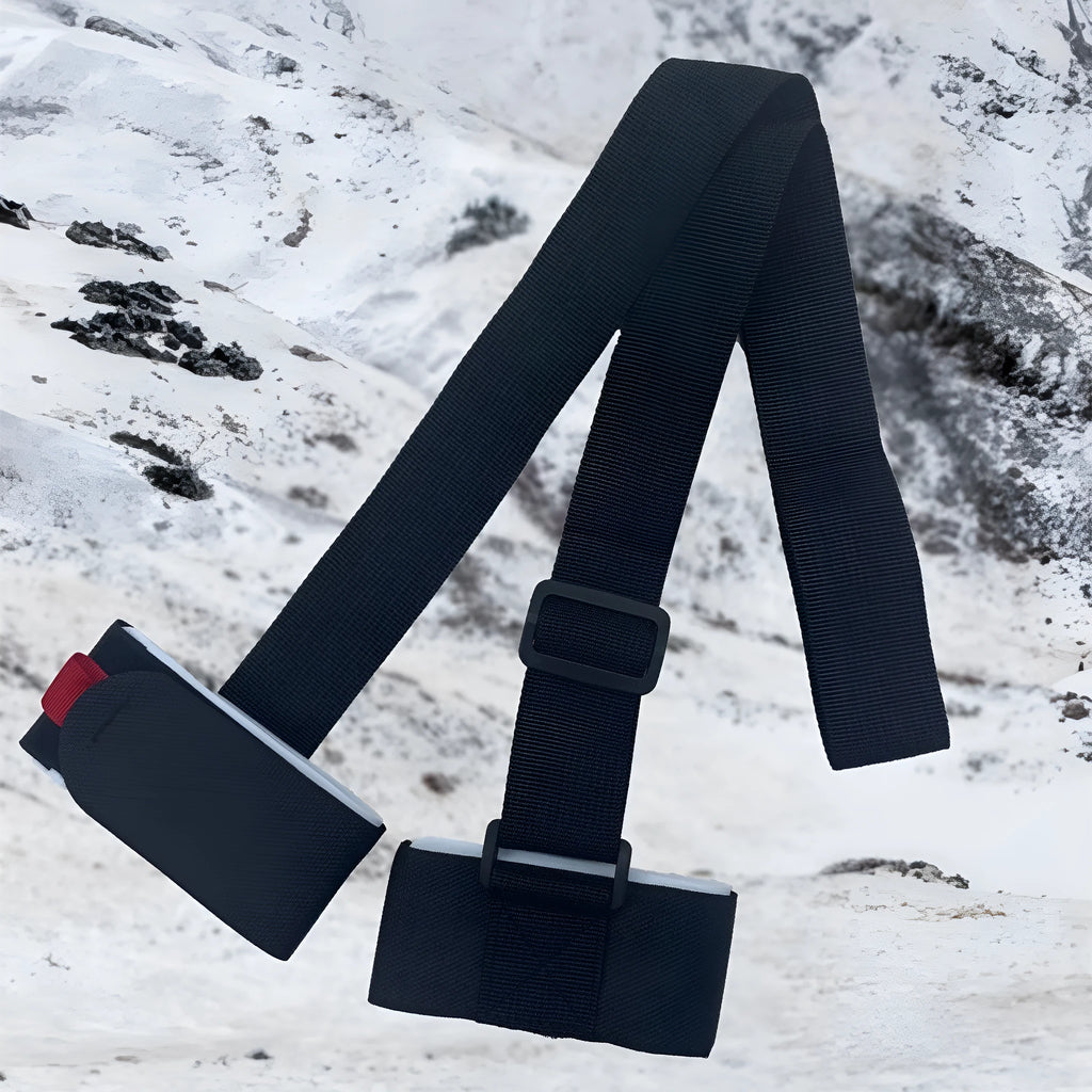Adjustable hook and loop ski bandage strap for sleds and snowboards.