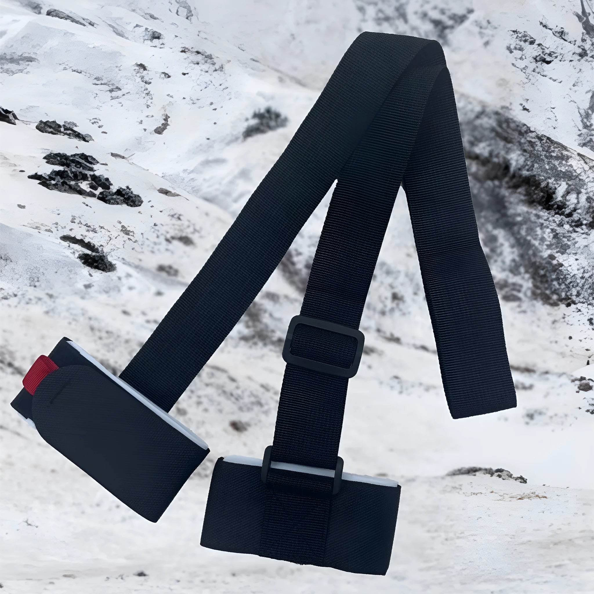 Adjustable hook and loop ski bandage strap for sleds and snowboards.