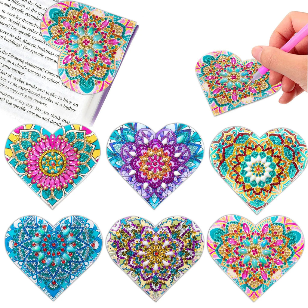 Set of six purple PU leather handmade bookmarks with flower shapes and clear stick-on crystals.