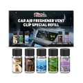 Car air freshener refill pack with five small bottles showing vanilla, lavender, citrus, ocean and sandalwood scents