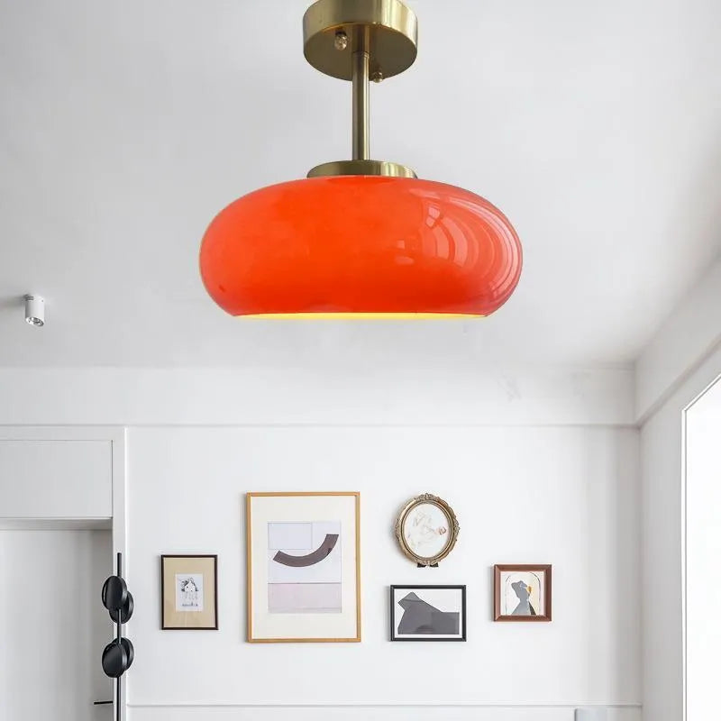 Bauhaus retro style glass pendant ceiling light with three egg tart shaped shades in milk white finish.
