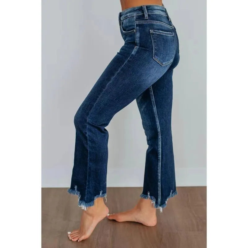 Women's straight leg denim jeans in dark blue and light blue, showcasing hand-worn craft details on cotton fabric.
