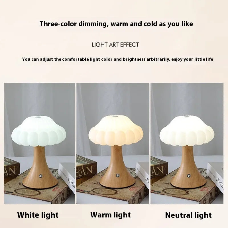 Mushroom-shaped decorative touch control night lamp with rechargeable battery in wood grain colour