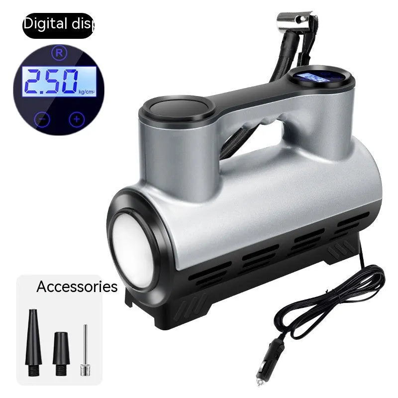 12V portable car air pump with digital pressure display, compact black ABS casing with air hose and nozzles