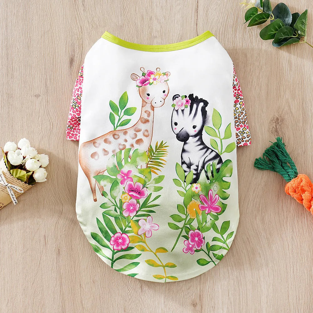Polyester full printed t-shirt for small dogs showing colour options and weight-based sizing