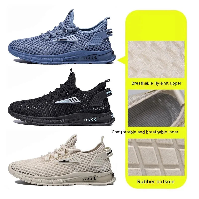 Men's beige casual sneakers with lace-up front, mesh panels, and a flat EVA sole.
