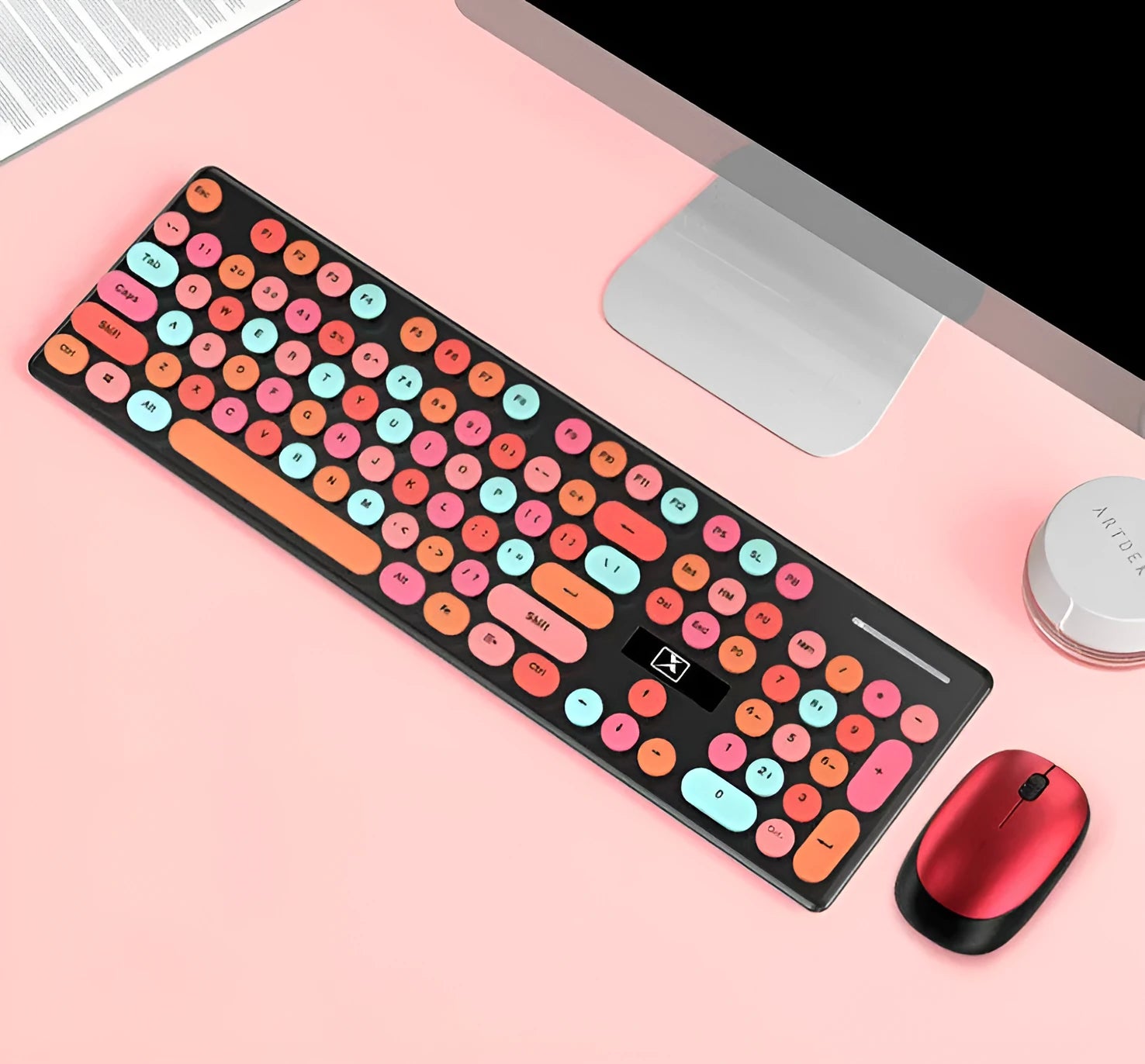 Wireless yellow keyboard and mouse set with backlight feature on desk