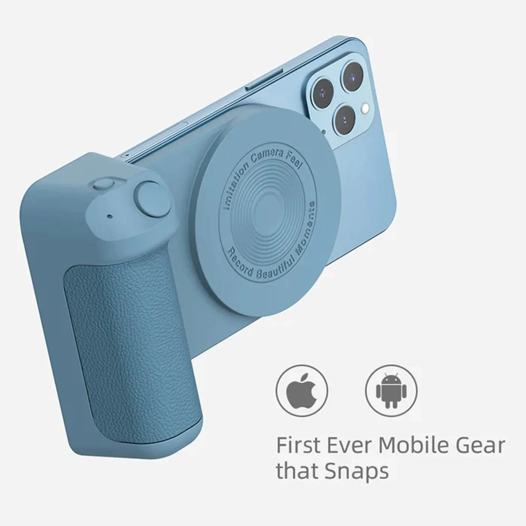 Black magnetic camera handle bracket for smartphone photography with rotatable design and ergonomic grip