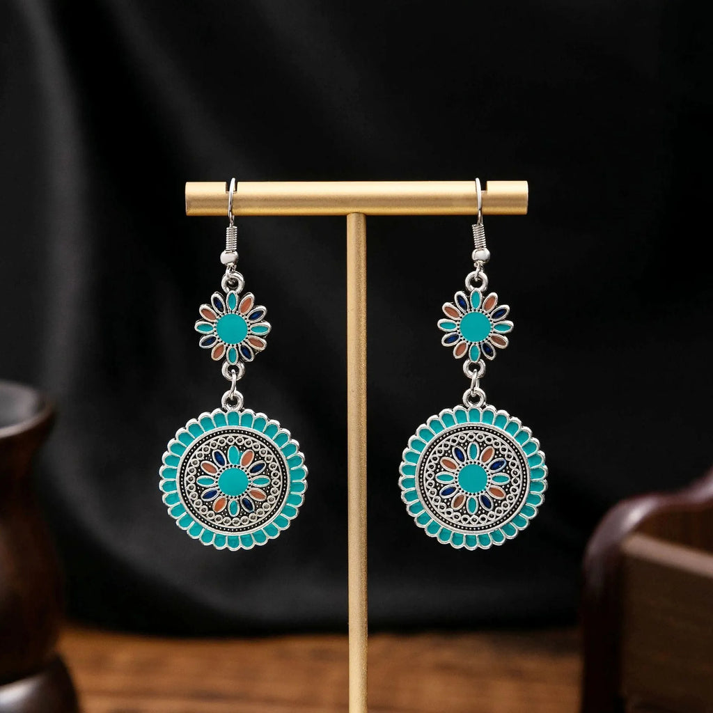 Exaggerated retro bohemian round sunflower earrings in blue and green alloy for women