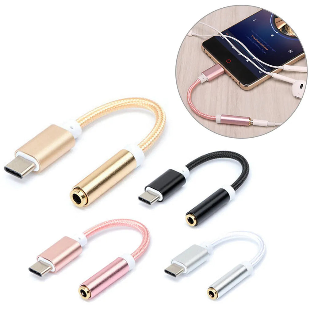 Nylon-braided TYPE-C to 3.5mm female headphone adapter cable in multiple colours