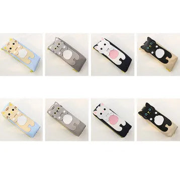 Canvas pencil case with cat cartoon design, large zipper opening, square shape, available in blue beige gray black
