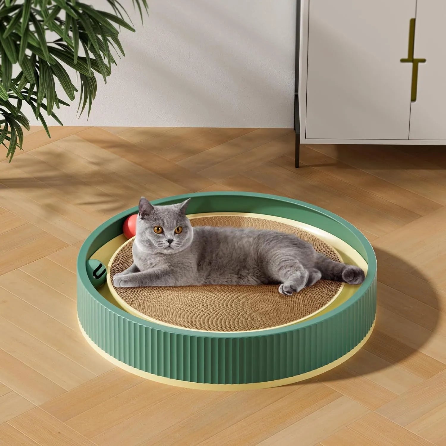 Large green circular cat scratching board with ball track and plush toy for indoor cats