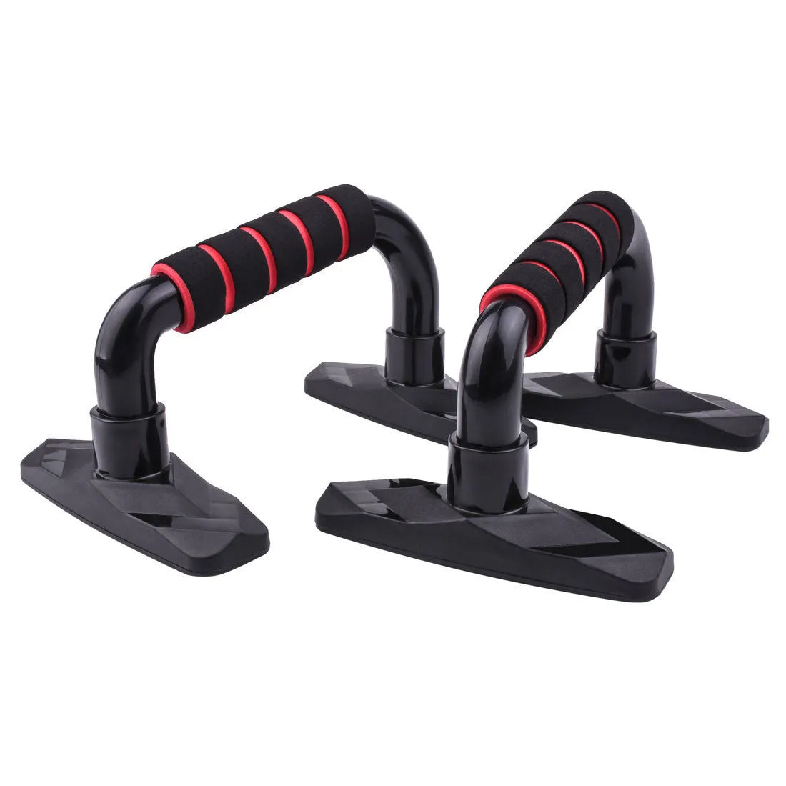 Pair of I-shaped black push up bars with textured PP sponge handles for strength training.