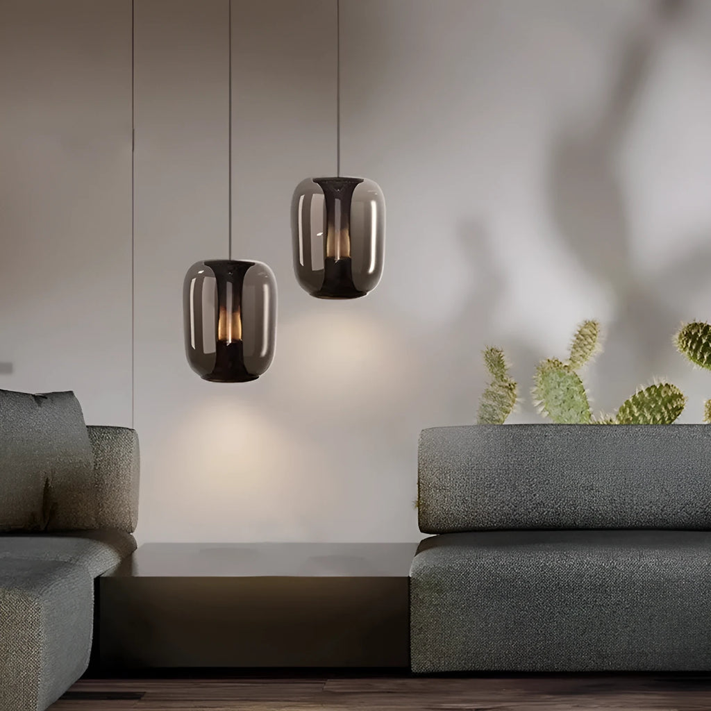 Minimalist Nordic chandelier with geometric metal frame in smoked grey, cognac, or clear colour options
