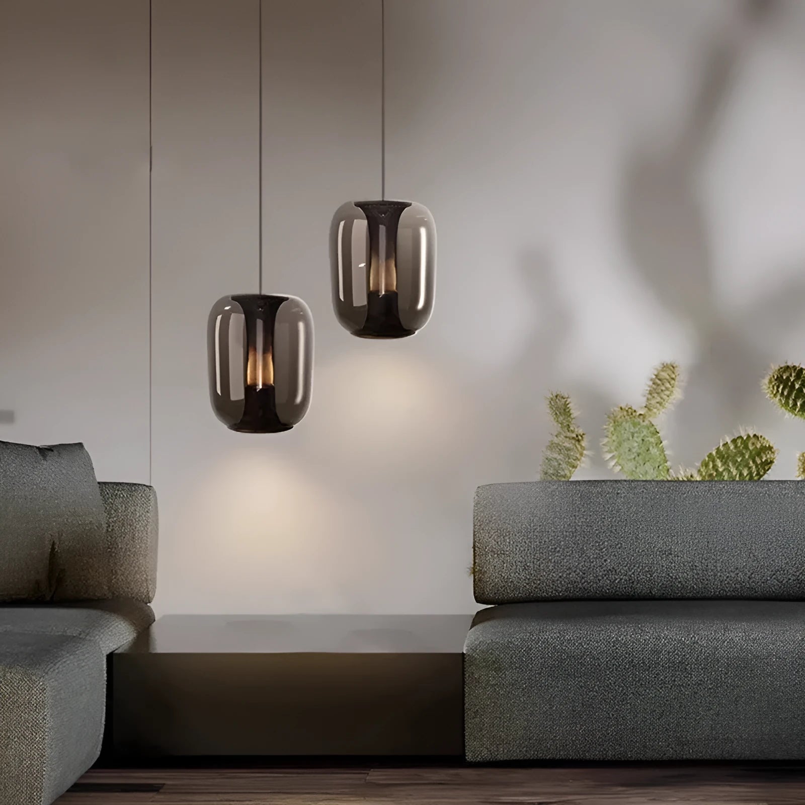 Minimalist Nordic chandelier with geometric metal frame in smoked grey, cognac, or clear colour options