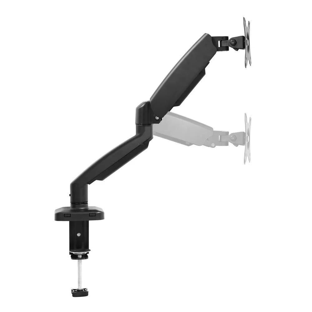Black rotating telescopic LCD screen bracket with elevated storage rack on desk