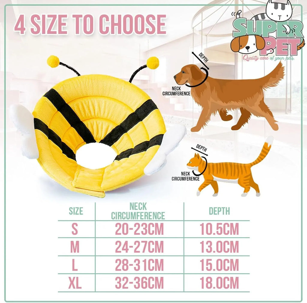 Soft cat cone collar with black and yellow bee design and Velcro strap
