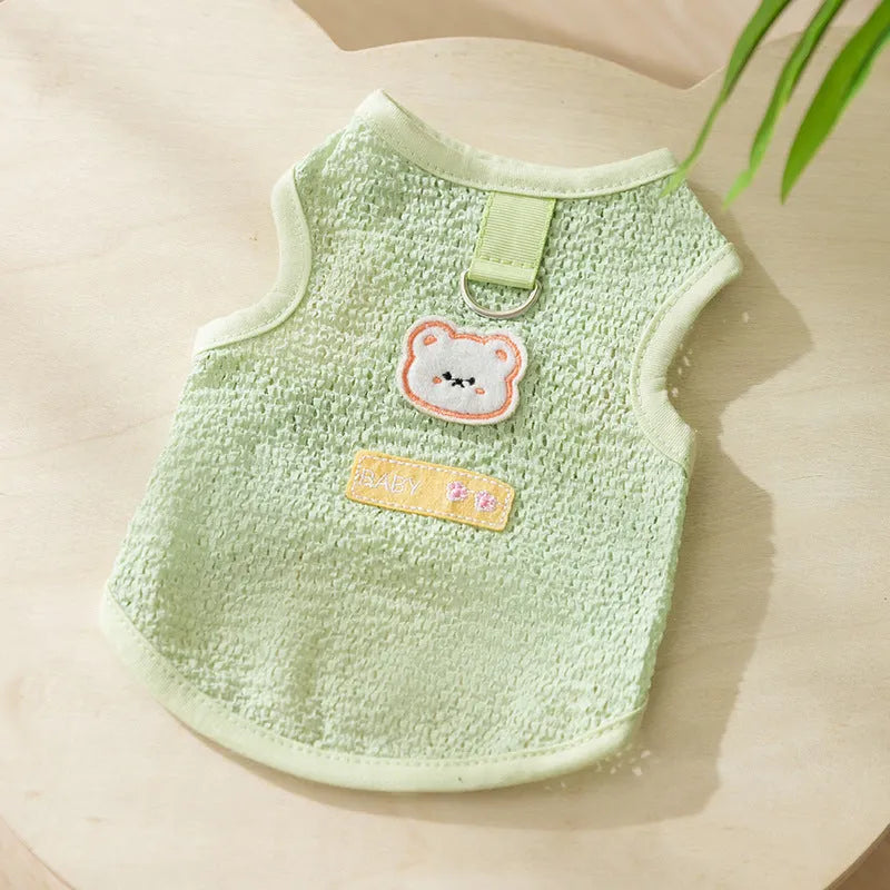 Knitted fabric cat clothes with bear patch in blue, green or yellow colours