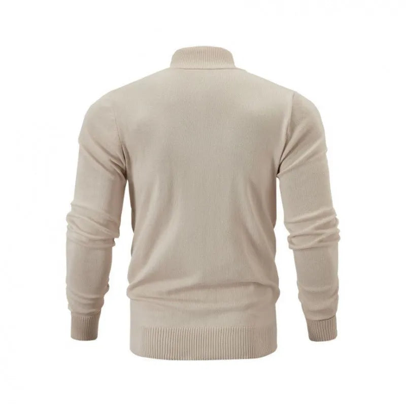 Men's grey stand collar zip-up casual sports sweater hanging on a plain background.