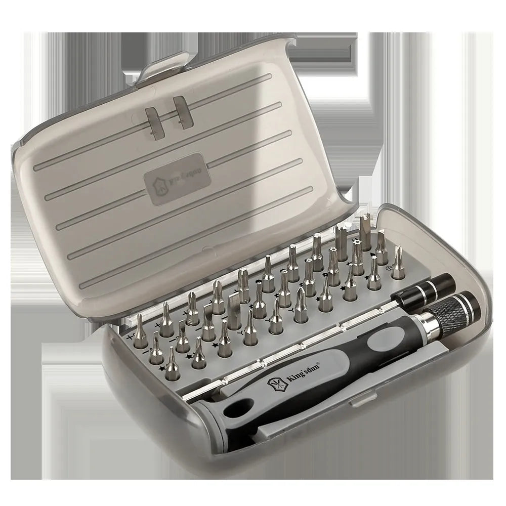 32 in 1 screwdriver set with 30 bits in compact PP plastic storage case measuring 130x75x37mm