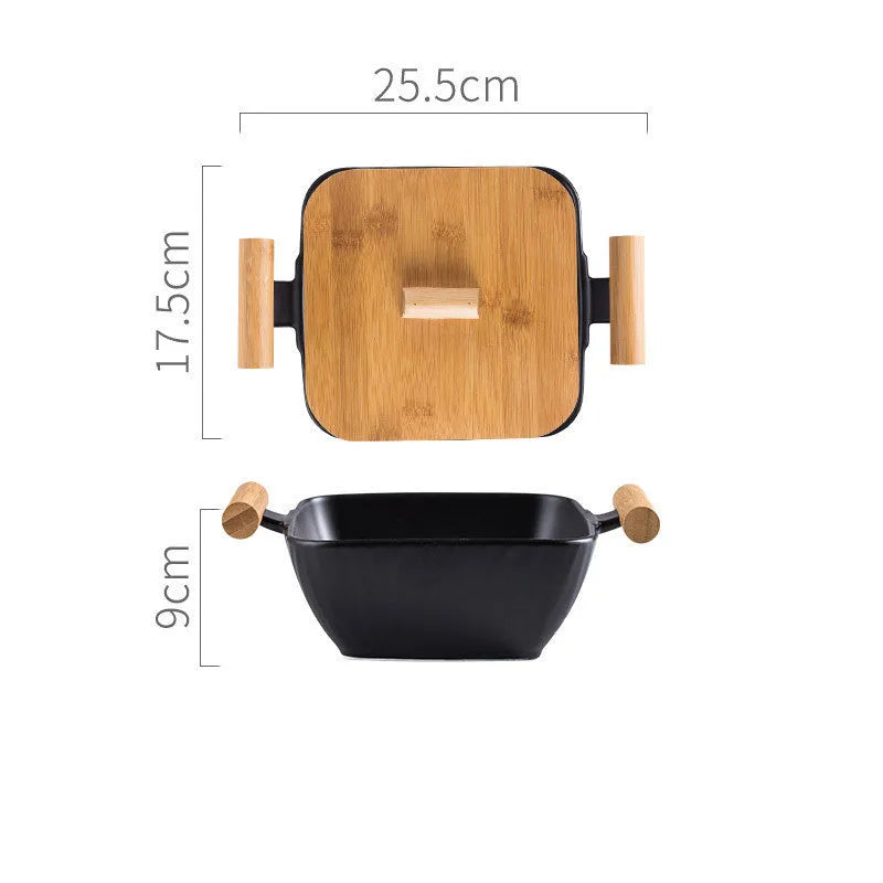 Ceramic bowl with irregular shape and matching lid in heat-resistant porcelain