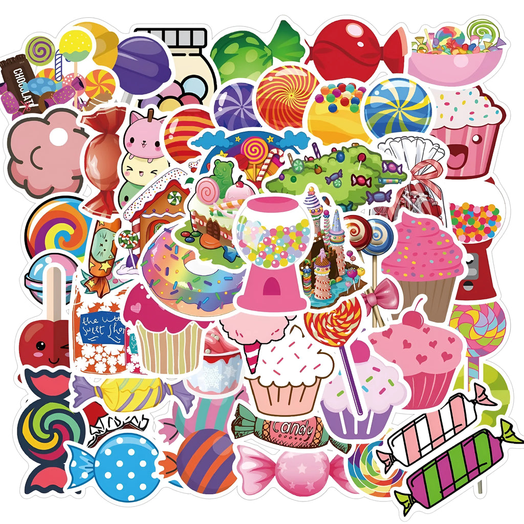 Colourful candy graffiti stickers pack showing 50 cartoon adhesive designs measuring 4-6 cm