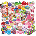 Colourful candy graffiti stickers pack showing 50 cartoon adhesive designs measuring 4-6 cm