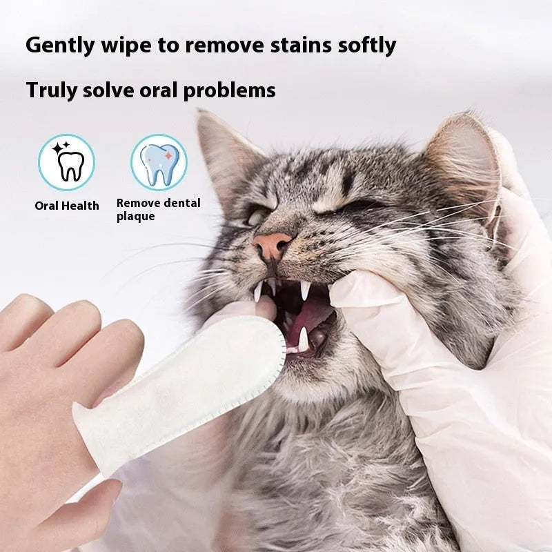 50-piece set of white non-woven fabric pet dental cleaning finger cots for cats and dogs.