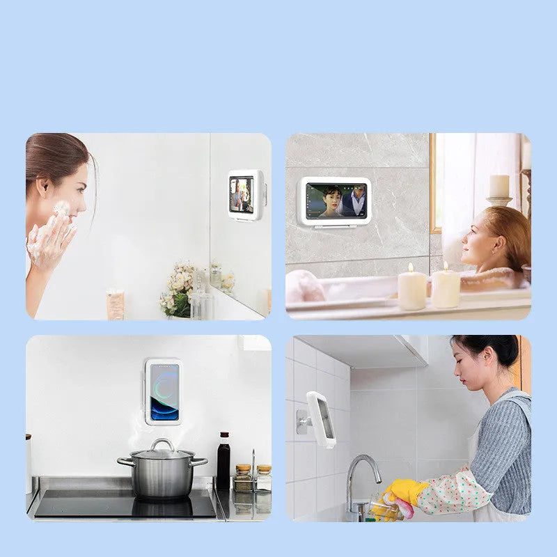 Waterproof bathroom phone holder with touch screen mounted on tile