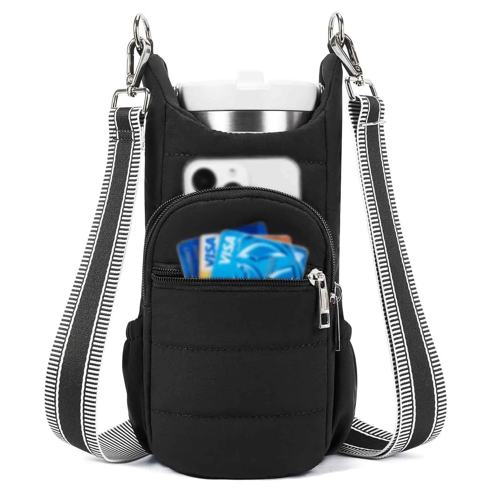 Cloth water bottle bag mounted on bicycle handlebars in beige colour