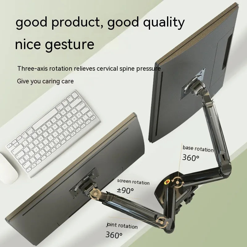 Dual screen monitor bracket with lifting adjustment mechanism showing VESA mounting holes