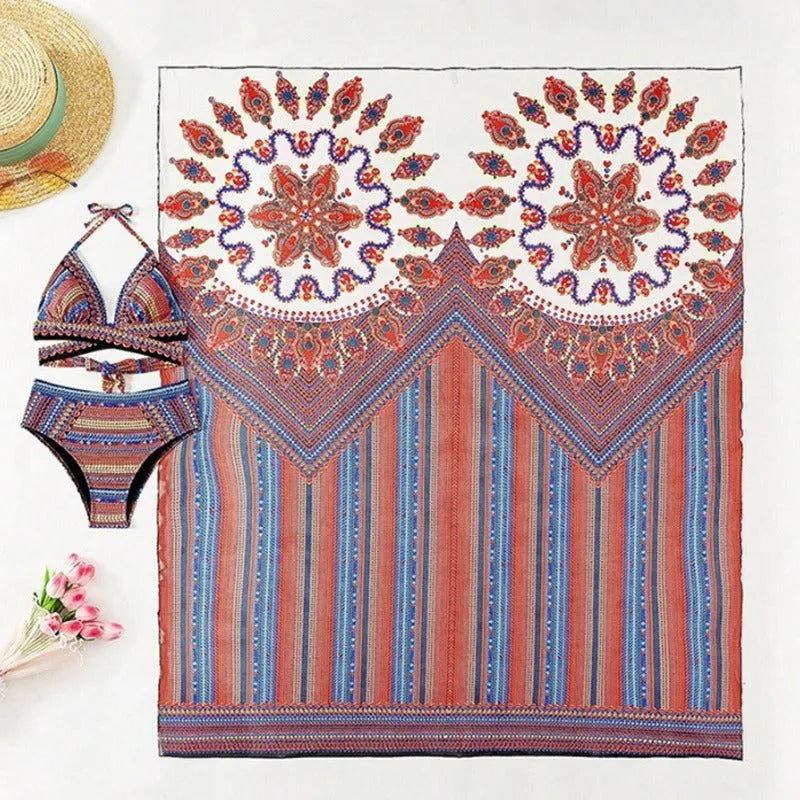Women's three-piece swimsuit set showing high-waisted briefs, sleeveless blouse and cover-up coat in matching colour