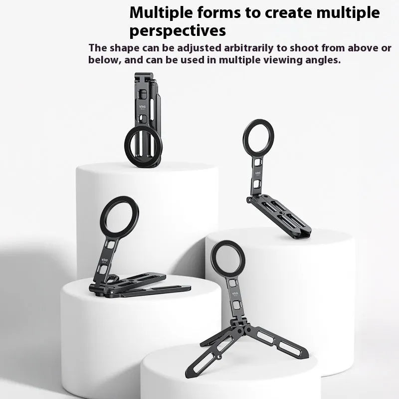 Black magnetic tripod bracket folded for travel, made of aluminum alloy, compatible with MagSafe and universal metal surfaces.