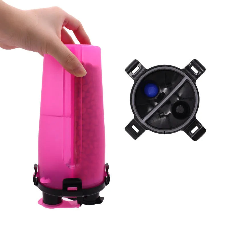 Portable pet water and food cup with two compartments showing water and food storage sections
